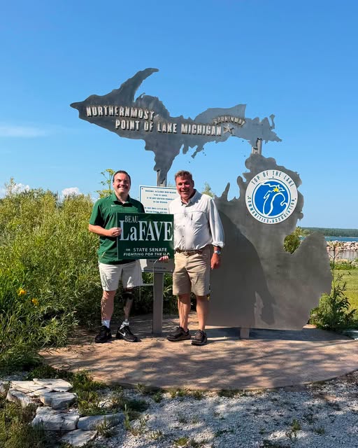Beau LaFave with Senator John Damoose at the Northernmost Point of Lake Michigan