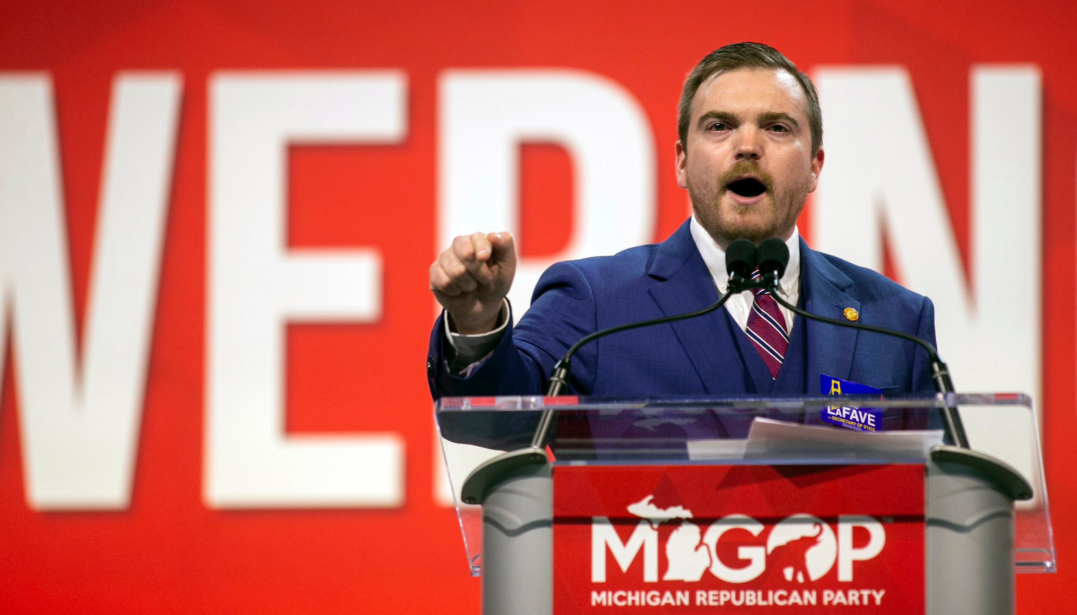 Beau LaFave speaking at the Michigan Republican Party convention