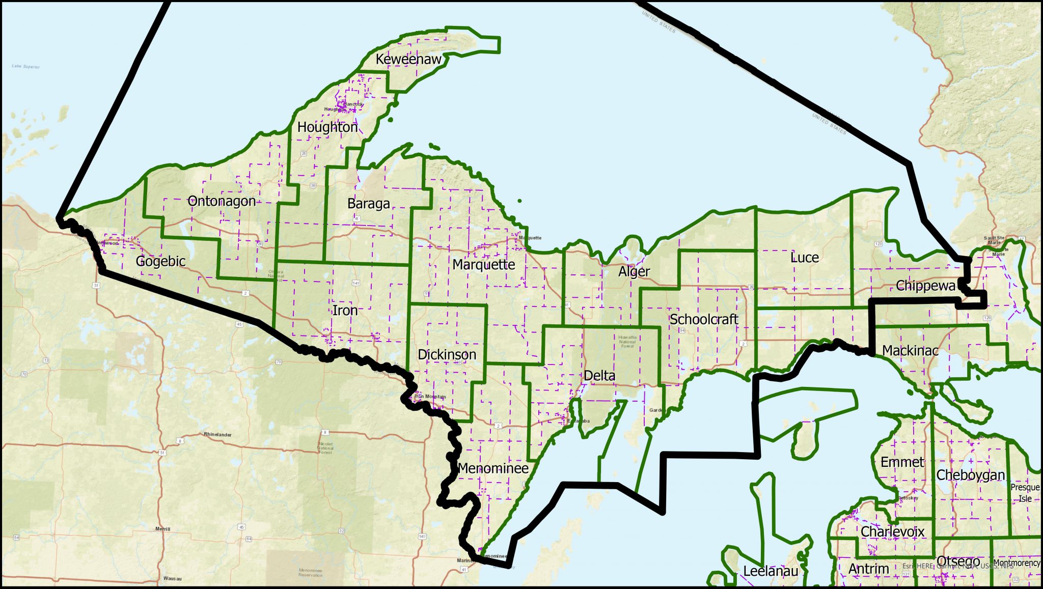 Michigan Senate District 38 Map showing the Upper Peninsula counties